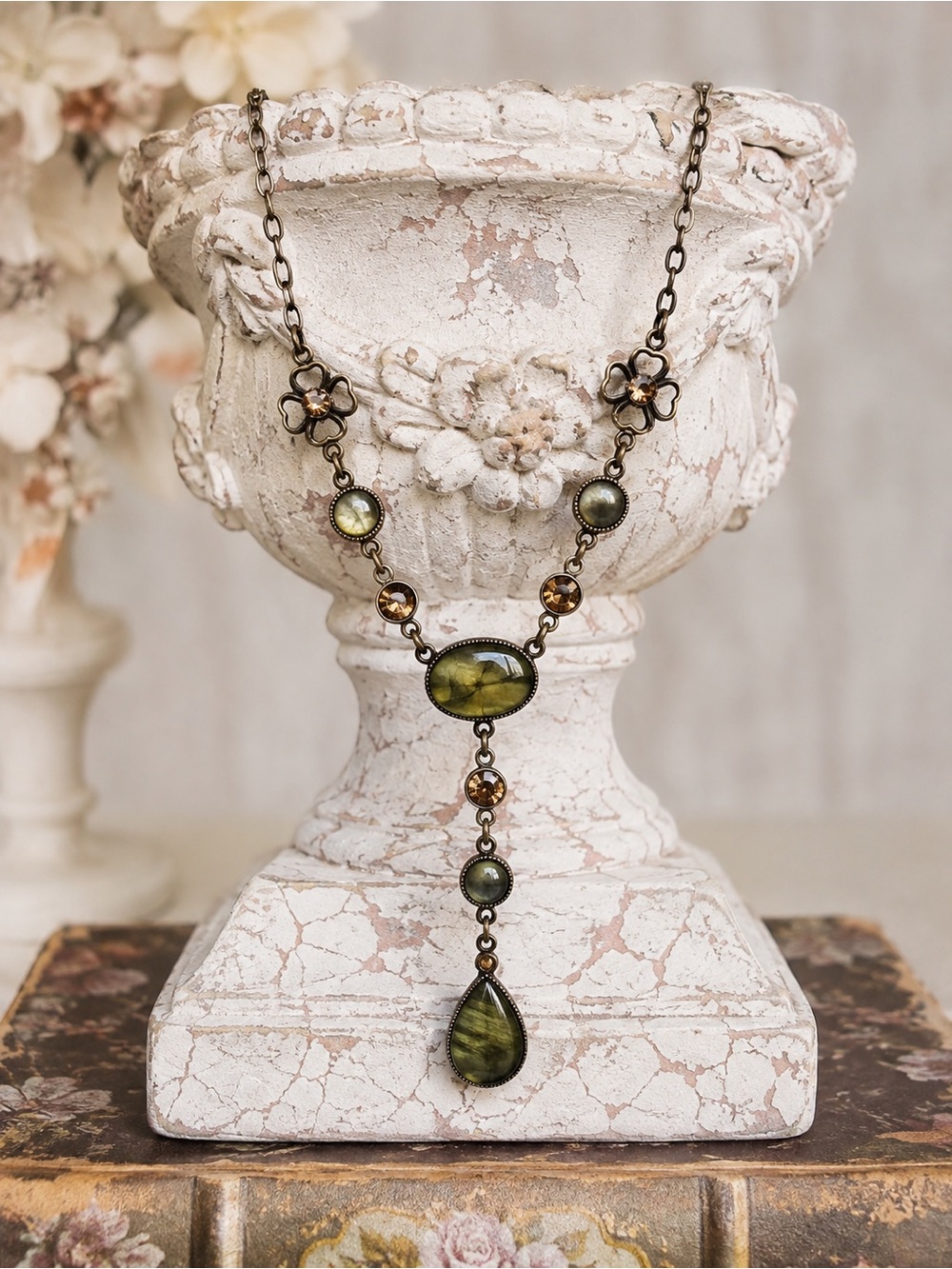Vintage Style Green Cabochon Y Drop Necklace Bronze Floral Crystal Pendant